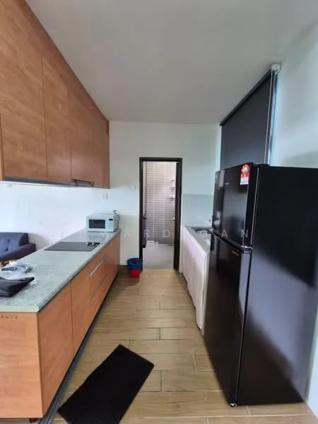 Kitchen features: wood cabinetry in light brown, grey granite countertop, black refrigerator, built-in microwave, stainless-steel sink, single-bowl stainless-steel sink, black faucet, ceramic tile flooring, wall-mounted cabinets, open shelving, kitchen rug, doorway to hallway; style: modern.