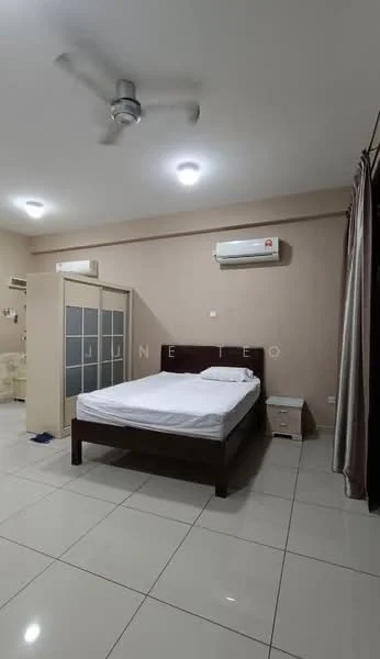 Bedroom features: king-size bed, white bed linens, wooden bed frame, 2 bedside tables, 1 wall-mounted split AC, ceiling fan, white tiled flooring, cream painted walls, recessed ceiling lights, curtains on window, sliding glass door to adjacent room; style: modern.