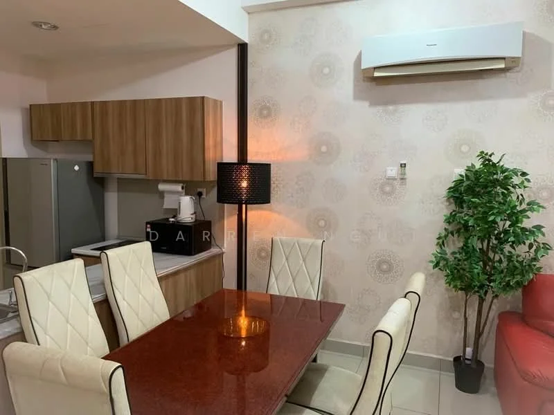 Dining features: dining table with red glossy surface, 4 upholstered dining chairs in cream, wall-mounted air conditioning unit, decorative wall with floral pattern, lampshade table lamp, potted plant, kitchen cabinetry in wood finish, stainless-steel fridge, kitchen countertop, open kitchen layout; style: modern.