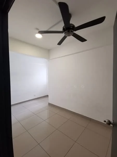 Room features: white painted walls, tile flooring, ceiling fan, recessed lighting, single door, window with natural light.