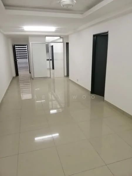 Room features: white painted walls, polished ceramic tile flooring, recessed ceiling lights, ceiling fan, glass partition, double-door entry, neutral color scheme, open layout; style: modern.