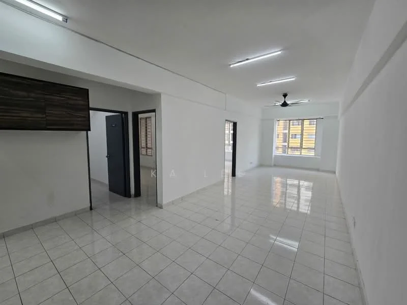Living features: white painted walls, glossy ceramic tile flooring, ceiling fan, recessed LED downlights, large windows with blinds, open layout, neutral color scheme, built-in cabinetry on one wall; style: modern. Room features: doorway leading to another room, doorway leading to hallway.