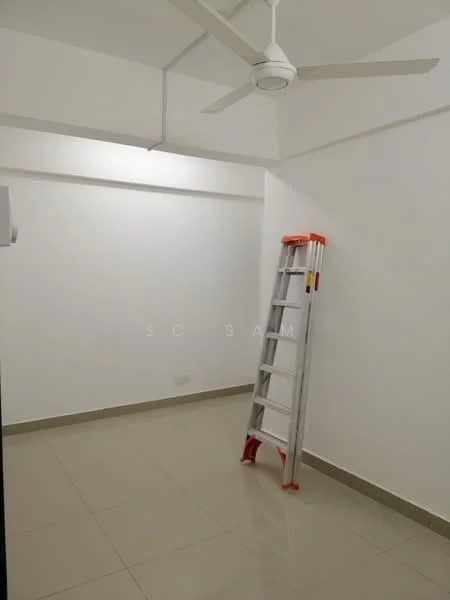 Room features: white painted walls, tile flooring, ceiling fan, ladder, light source from ceiling.