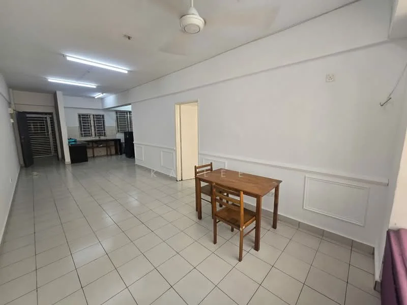 Room features: white painted walls, tile flooring, ceiling fan, dining table with two chairs, multiple windows, doorway leading to another room, light fixtures on ceiling, baseboards; style: minimalist.