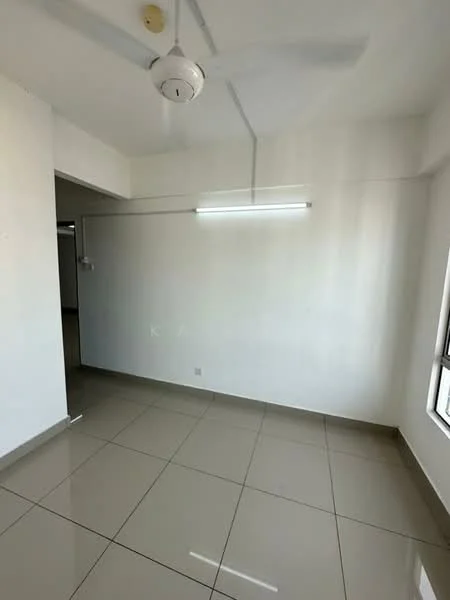 Room features: white painted walls, glossy ceramic tile flooring, ceiling fan, fluorescent light fixture, large window, neutral color scheme; style: modern.