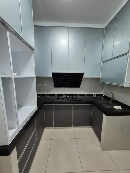 Kitchen features: grey high-gloss cabinetry, black granite countertop, built-in gas cooktop, black range hood, white wall tiles, light grey lower cabinets, open shelving, ceramic tile flooring, recessed downlights; style: modern.