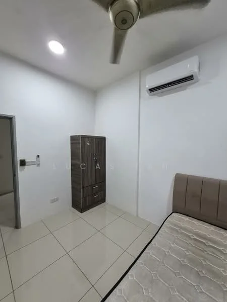Bedroom features: white painted walls, tile flooring, 5-blade ceiling fan, wall-mounted split AC, queen-size bed, upholstered headboard, built-in wardrobe with drawers, bedside table, window with no visible treatment; style: modern.
