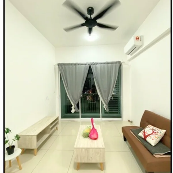 Living features: white painted walls, tile flooring, 5-blade ceiling fan with light, floor-to-ceiling windows, grey sheer curtains, brown fabric sofa, wooden coffee table, wooden TV console, decorative plant in pot, pink decorative item on coffee table, wall-mounted split AC; style: modern.