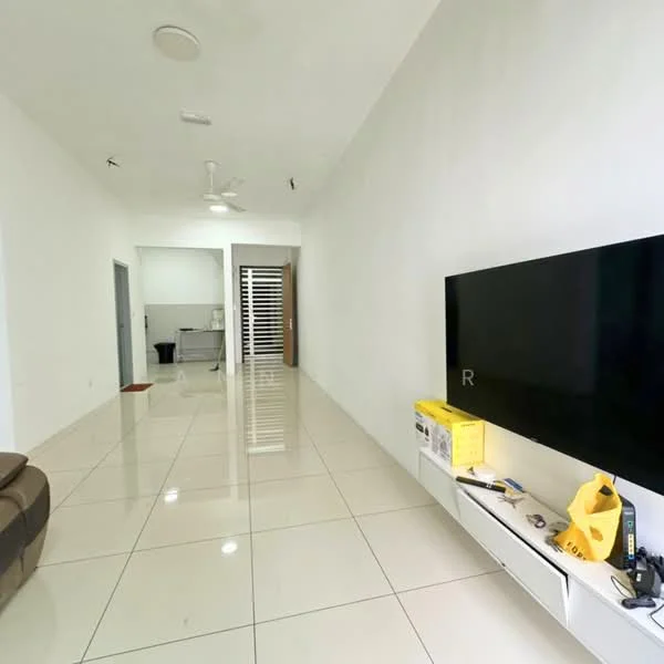 Living features: white painted walls, glossy ceramic tile flooring, 5-blade ceiling fan, wall-mounted TV, TV console, sofa, recessed lighting, open layout; style: modern. Room features: white painted walls, glossy ceramic tile flooring, doorway leading to kitchen, doorway leading to hallway.
