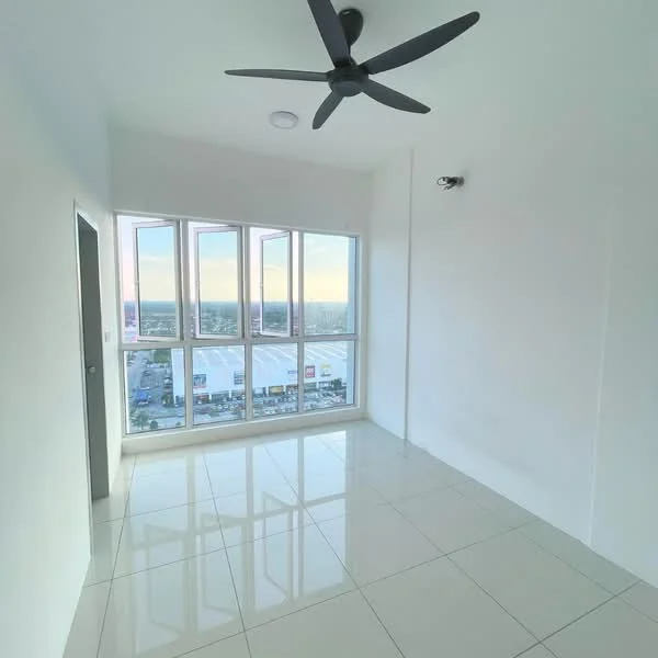 Room features: white painted walls, glossy tile flooring, floor-to-ceiling windows, 5-blade ceiling fan, natural light from windows, city view, no visible furniture, neutral color scheme; style: modern; view: city.