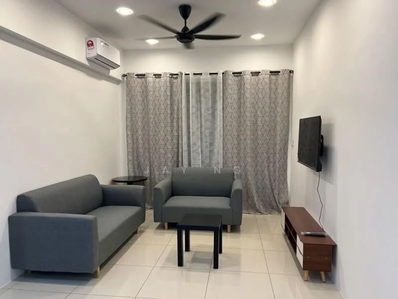 Living features: 2-seater fabric sofa in grey, 3-seater fabric sofa in grey, black coffee table, wall-mounted TV, TV console in wood, floor-to-ceiling curtains with geometric pattern, recessed LED downlights, 1 wall-mounted split AC, white painted walls, glossy tile flooring, ceiling fan; style: modern.
