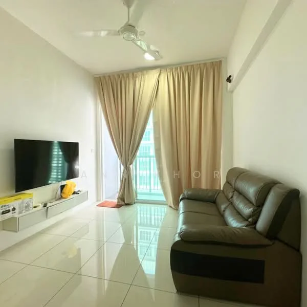 Living features: 3-seater leather sofa, wall-mounted TV, TV console, white painted walls, glossy tile flooring, ceiling fan, floor-to-ceiling windows, sheer curtains, sliding glass door, area rug; style: modern.