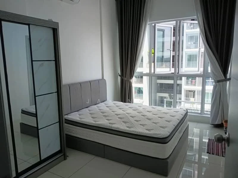 Bedroom features: queen-size bed with grey upholstered headboard, mattress with white cover, floor-to-ceiling windows, grey curtains, white walls, glossy tile flooring, mirror wardrobe with sliding doors, area rug with striped pattern; style: modern; view: city.