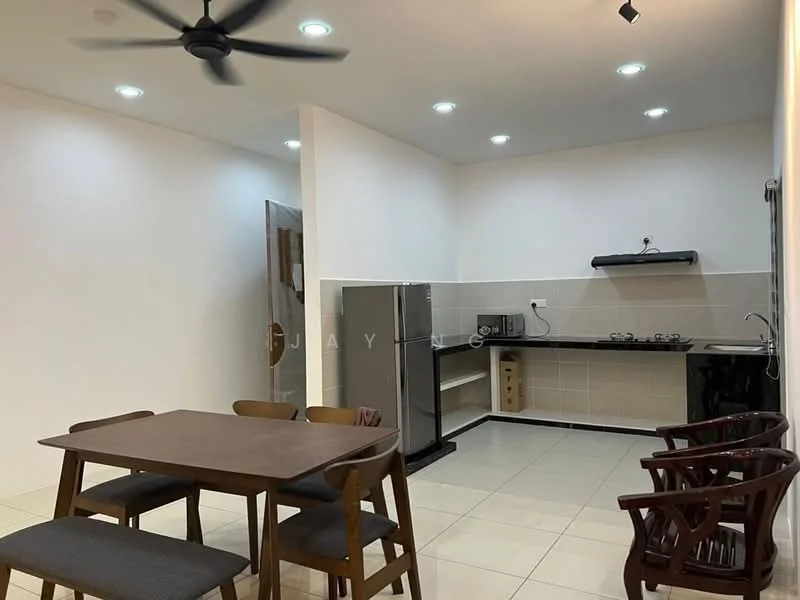 Kitchen features: white painted walls, tile flooring, ceiling with recessed downlights, 5-blade ceiling fan, stainless-steel fridge, built-in gas hob, extraction hood, black countertop, open shelving, wooden dining table, 4 wooden dining chairs, kitchen cabinetry; style: modern.