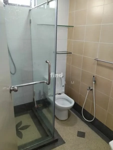 Bathroom features: glass shower enclosure, rain shower head, handheld shower, white toilet, chrome wall-mounted faucet, tile flooring with floral pattern, cream tiled walls, shelf for toiletries; style: modern.
