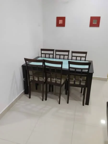 Dining features: 6-seater dining table, dark wood table, light blue tabletop, 6 wooden dining chairs, cream upholstery on chairs, white painted walls, tile flooring, decorative wall art in red frames; style: modern.
