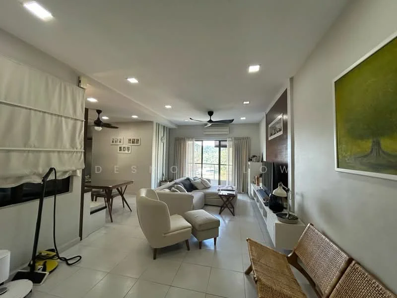 Living features: white painted walls, tile flooring, 5-blade ceiling fan with light, 2-seater fabric sofa in light grey, armchair in cream, wooden coffee table, TV console, wall-mounted TV, decorative artwork on wall, large sliding glass door, sheer curtains, area rug with geometric pattern, built-in shelving unit, decorative plants; style: modern; view: garden.