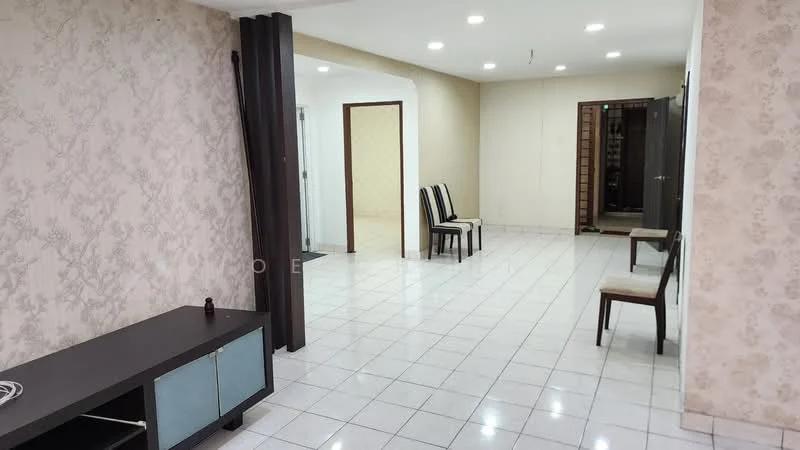 Living features: white painted walls, light-colored wallpaper with floral pattern, white tiled flooring, recessed downlights, dark wood console table, two wooden chairs, four dining chairs, open layout, doorway leading to another room, doorway leading to entrance, neutral color scheme; style: modern.
