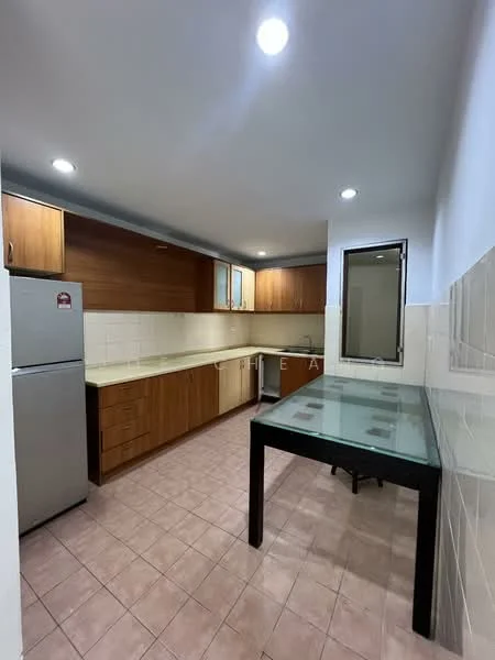 Kitchen features: stainless-steel fridge, wood cabinetry, cream countertop, tile backsplash, single-bowl stainless-steel sink, chrome pull-down faucet, glass-top dining table, tile flooring, recessed LED downlights, window with view to outside; style: modern.