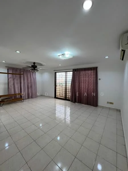 Living features: white painted walls, glossy ceramic tile flooring, 5-blade ceiling fan with light, recessed downlights, sliding glass door, floor-to-ceiling windows, sheer curtains, dark wood bench, air conditioning unit; style: modern.