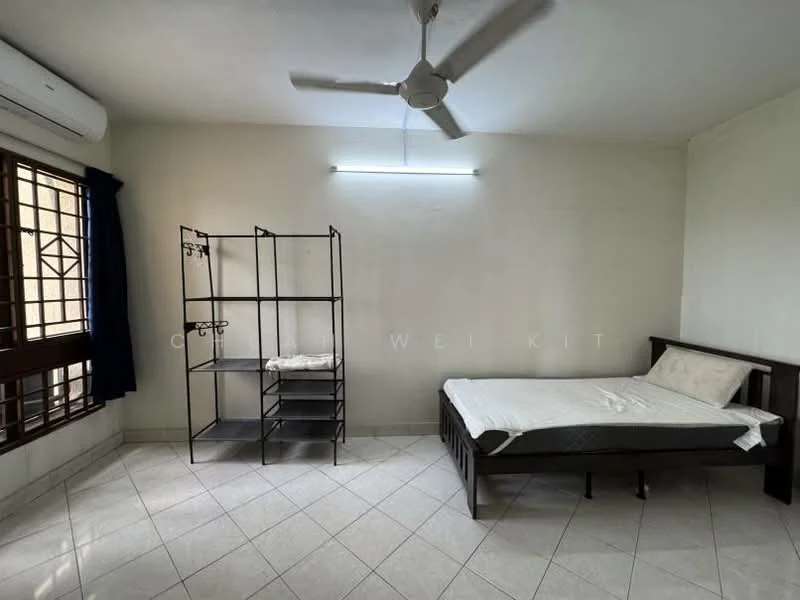 Bedroom features: single bed, black wooden bed frame, white mattress, ceiling fan, wall-mounted air conditioning unit, tile flooring, white painted walls, window with metal grille, black metal shelving unit, blue curtain.