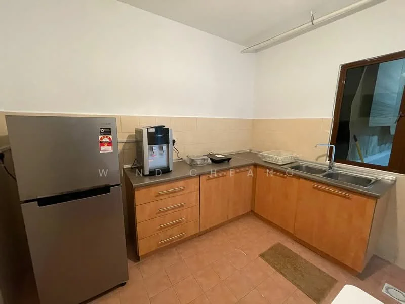 Kitchen features: stainless-steel fridge, built-in water dispenser, grey countertop, wood cabinetry, single-bowl stainless-steel sink, chrome pull-down faucet, tile backsplash, ceramic tile flooring, window with wooden frame; style: modern.