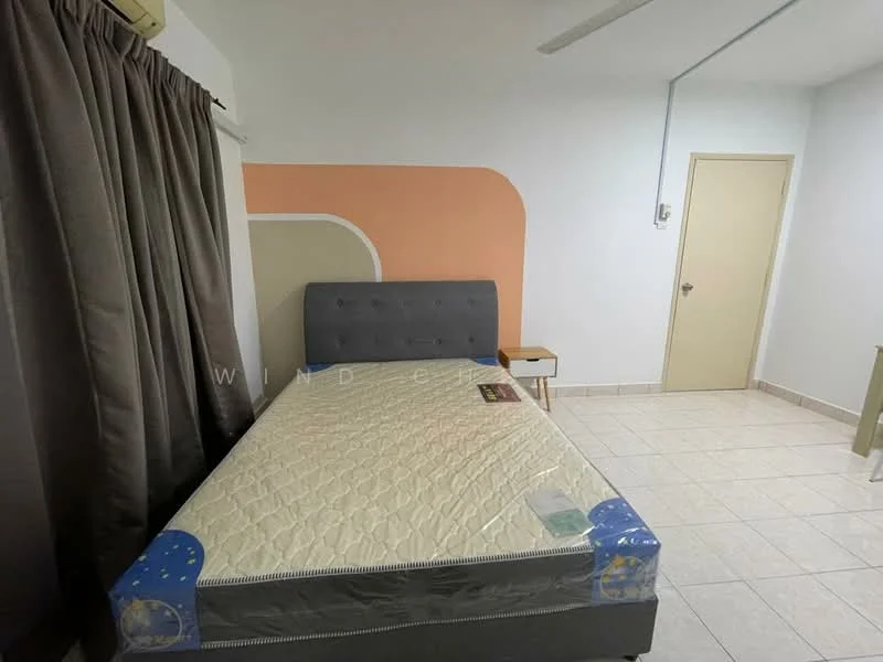 Bedroom features: queen-size bed, upholstered headboard, bedside table, grey bed frame, cream tiled flooring, white painted walls, accent wall with orange design, curtains, ceiling fan, light switch, door, window; style: modern.
