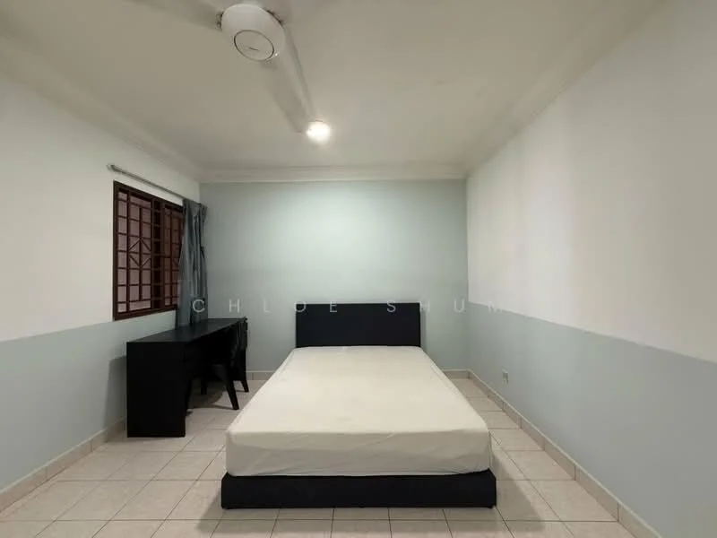 Bedroom features: single bed, light grey painted walls, white painted walls, tile flooring, ceiling fan, window with grille, desk, curtains; style: minimalist.