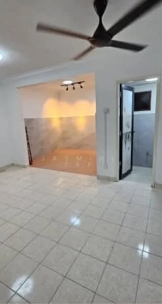 Room features: white painted walls, tile flooring, ceiling fan, recessed downlights, door leading to bathroom, window, light-colored wall tiles, neutral color scheme; style: modern.