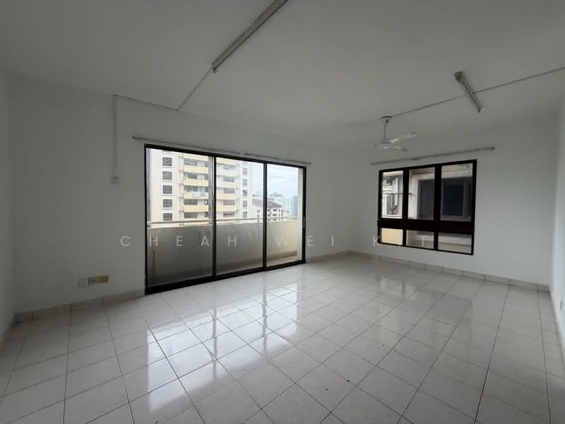 Living features: white painted walls, ceramic tile flooring, sliding glass door, floor-to-ceiling windows, 5-blade ceiling fan, natural light from windows, balcony view, neutral color scheme; view: city.