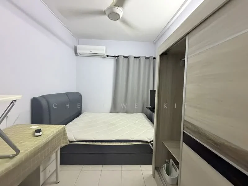 Bedroom features: queen-size bed, upholstered headboard, wall-mounted split AC, 5-blade ceiling fan, grey curtains, TV on stand, built-in wardrobe, tile flooring, ironing board, decorative wall panel, light purple painted walls; style: modern.