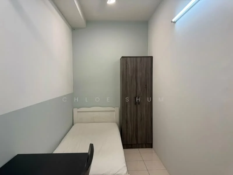 Bedroom features: single bed, wooden wardrobe, white painted walls, light-colored flooring, ceiling light, desk, neutral color scheme, tile flooring; style: minimalist.