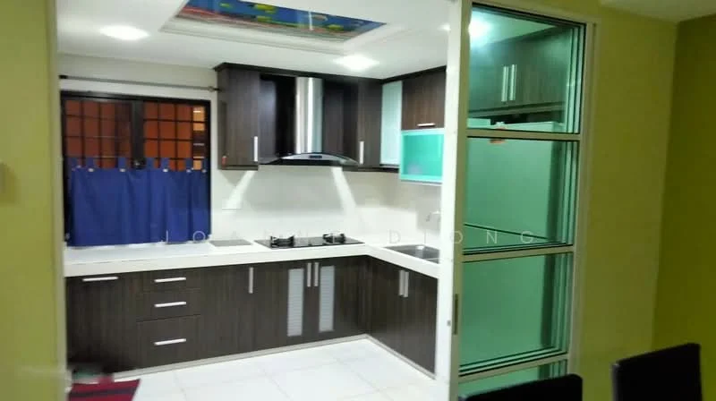 Kitchen features: dark wood cabinetry, white countertop, stainless-steel sink, chrome pull-down faucet, built-in gas hob, stainless-steel range hood, white tiled backsplash, recessed downlights, window with blue curtains, tile flooring, open shelving, kitchen island, fridge, wall-mounted cabinets; style: modern.