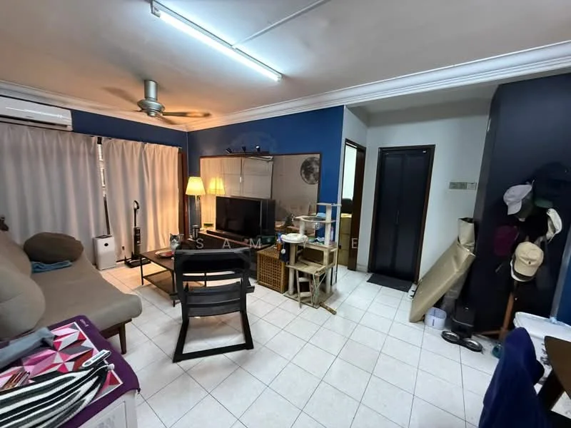 Living features: beige fabric sofa, 3-blade ceiling fan, wall-mounted TV, TV console, floor lamp, white curtains, tile flooring, light blue accent wall, cream walls, wooden side table, decorative items on shelves, open shelving unit, air conditioning unit; style: contemporary. Room features: doorway leading to hallway, storage area with hats, light switch.