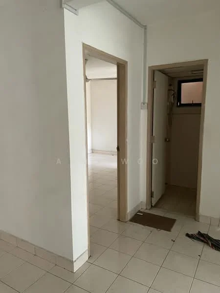 Room features: white painted walls, tile flooring, doorway leading to another room, doorway leading to a utility area, window in utility area, light switch, visible electrical wiring on the floor.