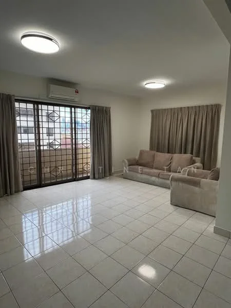 Living features: white painted walls, glossy ceramic tile flooring, recessed ceiling lights, 2-seater fabric sofa in beige, floor-to-ceiling windows, sheer curtains, air conditioning unit on wall, balcony view; style: modern; view: city.