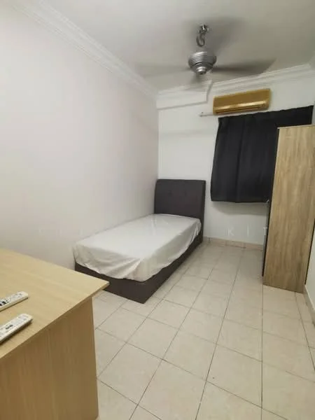 Bedroom features: single bed, wooden headboard, white bed linens, ceiling fan, wall-mounted air conditioning unit, blackout curtains, light-colored tiled flooring, wooden wardrobe, wooden desk.