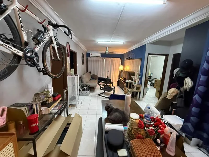Living features: white painted walls, tile flooring, recessed downlights, sofa, coffee table, wall-mounted mirror, bicycle mounted on wall, decorative plants, curtains, air conditioning unit, desk chair, bookshelf, decorative items on table; style: modern.