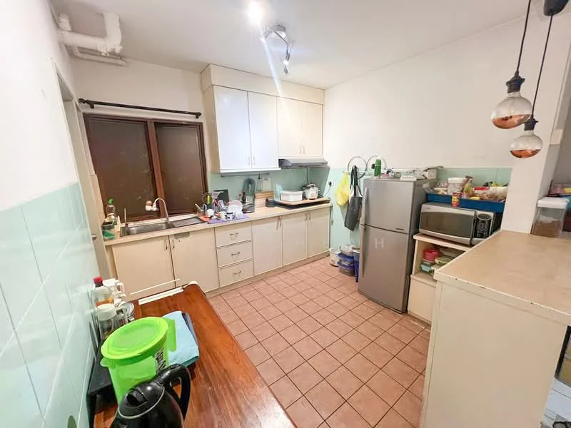 Kitchen features: white upper cabinets, beige lower cabinets, stainless-steel fridge, built-in oven, microwave, double-bowl stainless-steel sink, chrome pull-down faucet, tile backsplash in light green, brown wooden countertop, ceramic tile flooring in beige, overhead lighting, window with brown frame, kitchen utensils on countertop, kettle, toaster; style: modern.