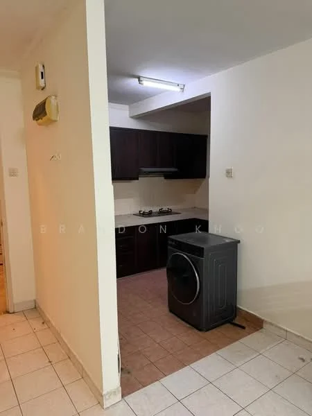 Room features: tile flooring, white painted walls, dark wood cabinetry, stainless-steel sink, built-in gas stove, exhaust hood, washing machine, fluorescent ceiling light; style: modern.