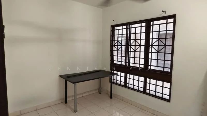Room features: white painted walls, tile flooring, large window with grid pattern, metal table, ceiling fan.