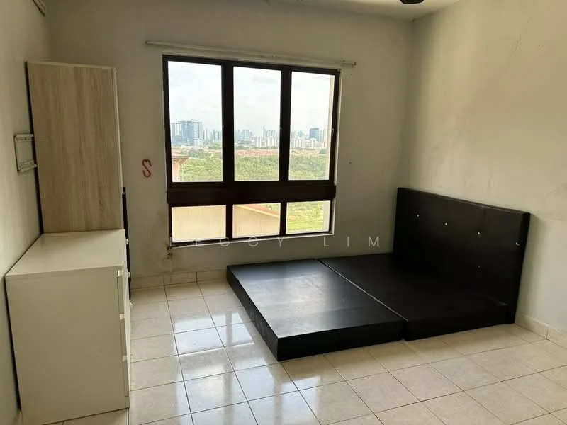 Bedroom features: floor-to-ceiling windows, black platform bed, white bedside cabinet, cream painted walls, tile flooring, city skyline view, natural light from windows; style: modern; view: city.