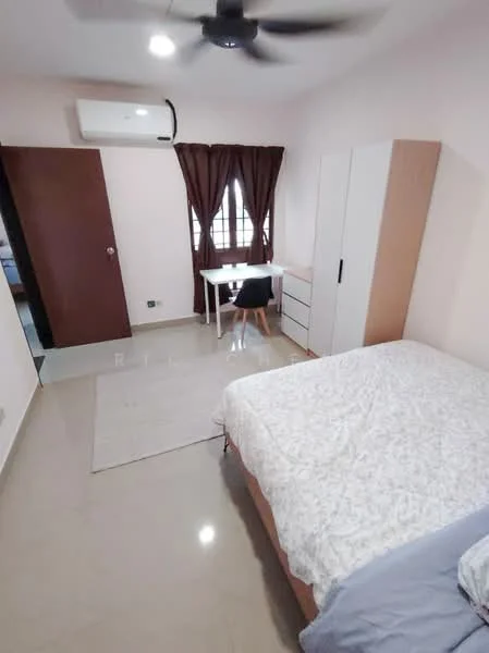 Bedroom features: queen-size bed with white bedding, ceiling fan, wall-mounted split AC, wooden wardrobe with sliding doors, study desk with chair, window with brown curtains, light-colored walls, tile flooring, dresser with drawers, area rug; style: modern.