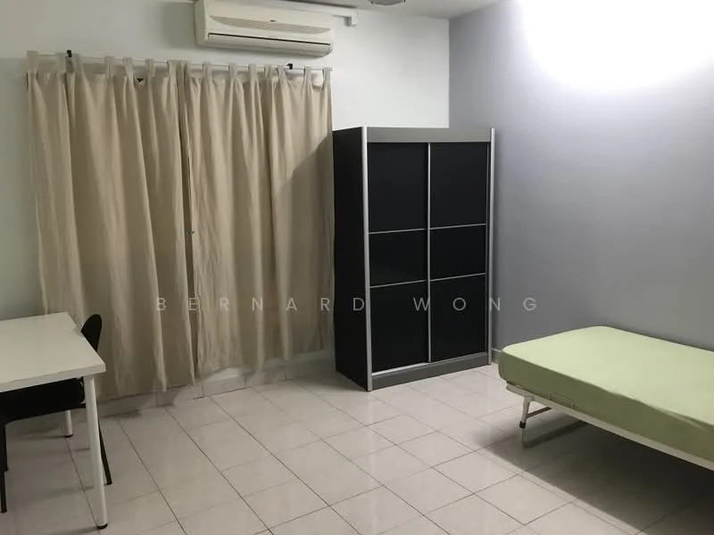 Bedroom features: single bed frame with mattress, black wardrobe with sliding doors, white desk with chair, cream curtains, wall-mounted air conditioning unit, white tiled flooring, light grey painted walls, ceiling light fixture; style: minimalist.