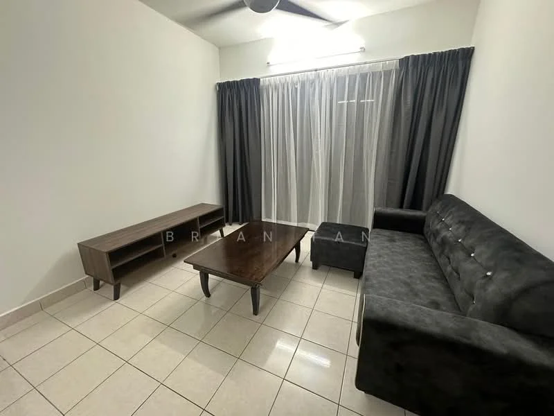 Living features: grey fabric sofa, wooden coffee table, TV console, floor-to-ceiling windows, sheer curtains, blackout curtains, ceiling fan, white painted walls, tile flooring, recessed lighting; style: modern.