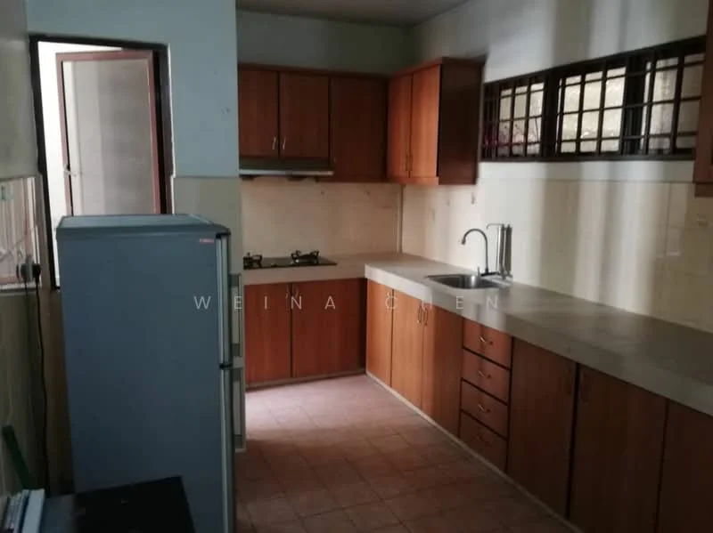 Kitchen features: wood cabinetry, grey countertop, double-bowl stainless-steel sink, chrome pull-down faucet, 2-burner gas hob, ceramic tile flooring, white tiled walls, window with grid pattern, refrigerator.