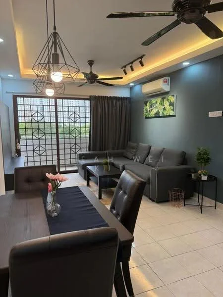 Living features: grey fabric sofa, 2-seater sofa, ceiling fan with light, recessed LED downlights, wall-mounted split AC, decorative plant in pot, black curtains, tile flooring, glass sliding door, dining table with black tablecloth, 4 black upholstered dining chairs, geometric pendant light; style: modern.