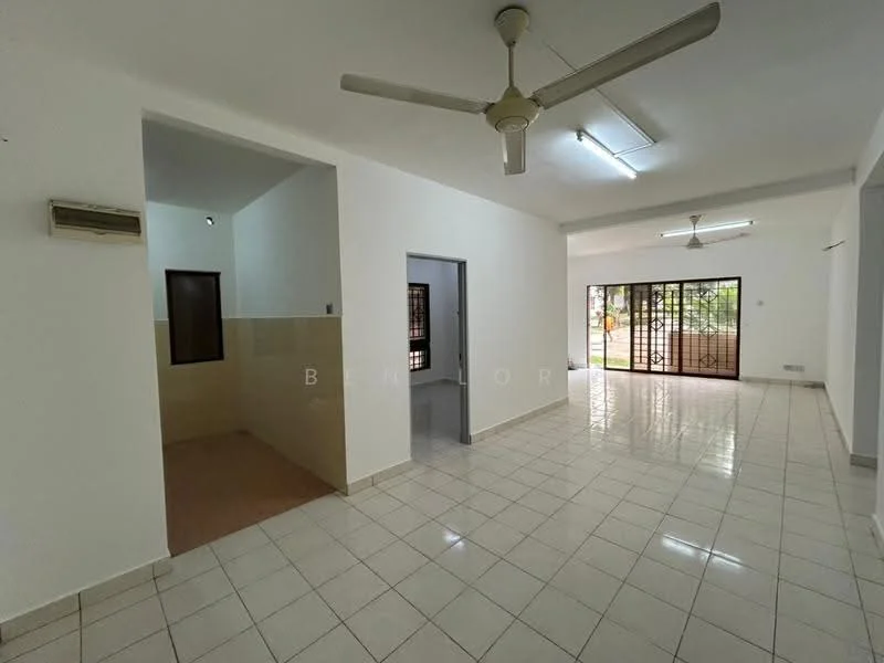 Living features: white painted walls, glossy tile flooring, 5-blade ceiling fan, sliding glass door, floor-to-ceiling windows, natural light, open layout, neutral color scheme; style: modern; view: garden. Room features: white painted walls, glossy tile flooring, window, neutral color scheme.