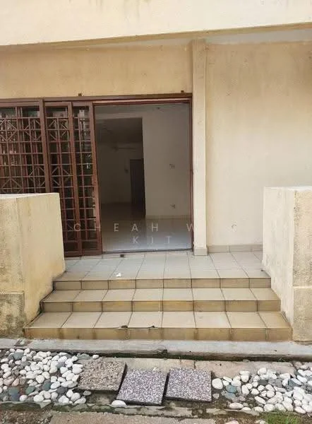 Exterior features: steps leading to entrance, tiled flooring at entrance, stone-paved walkway, exterior walls with beige finish, grilled doors, landscaped area with pebbles; style: modern.