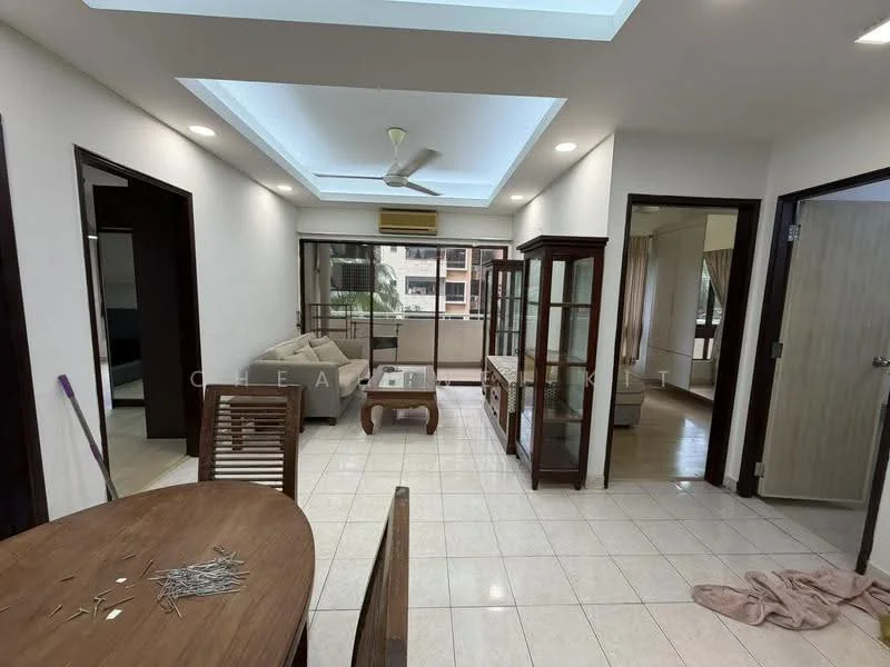 Living features: white painted walls, tile flooring, tray ceiling, 5-blade ceiling fan with light, floor-to-ceiling windows, curtains, sofa in beige, wooden coffee table, display cabinet, dining table with wooden chairs, decorative items on table, area rug, air conditioning unit; style: modern; view: garden.